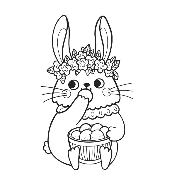可爱的兔子轮廓卡通人物。小兔子在花冠里吃水果，橘子。涂色书页模板儿童和儿童，涂鸦打印，矢量轮廓插图。图片下载