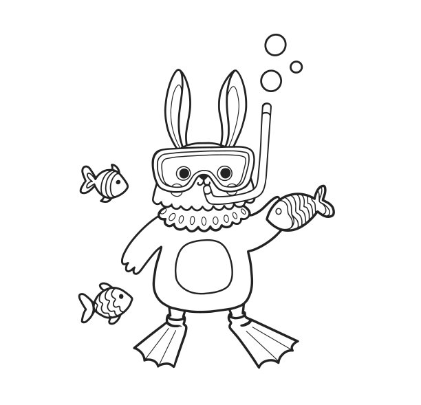 可爱的兔子轮廓卡通人物。兔子在水肺里和鱼一起漂浮。涂色书页模板儿童和儿童，涂鸦打印，矢量轮廓插图。图片下载