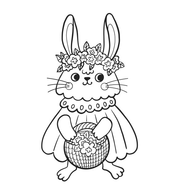 可爱的兔子轮廓卡通人物。兔子女孩穿着裙子和花篮。涂色书页模板儿童和儿童，涂鸦打印，矢量轮廓插图。图片下载