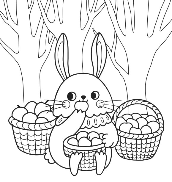 可爱的兔子轮廓卡通人物。小兔子吃着苹果，身边围着一筐筐的水果。涂色书页模板儿童和儿童，涂鸦打印，矢量轮廓插图。图片下载