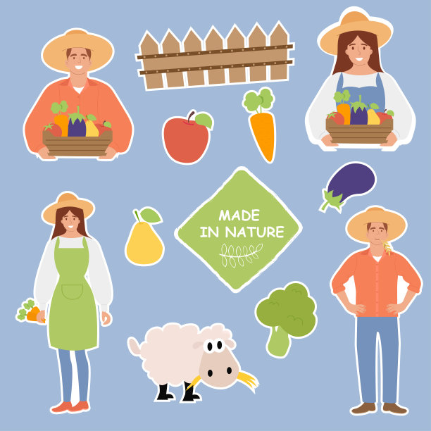 一套贴纸生态农场。羊、蔬菜的农民。向量图片下载