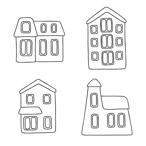 矢量插图的4个卡通轮廓房屋图片下载