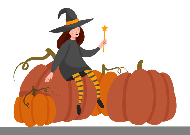 万圣节的场景。一个打扮成女巫的女孩坐在一个大南瓜上。图片下载