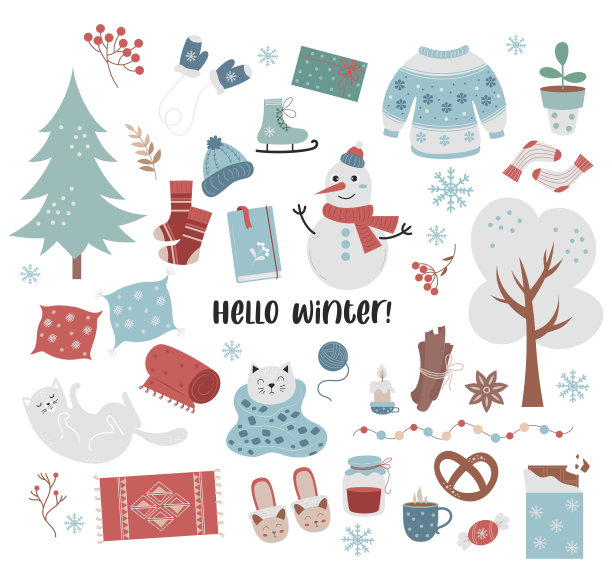 你好,冬天。大的收集季节舒适的物品，食物，可爱的猫，树，衣服和装饰。矢量插图。图片下载