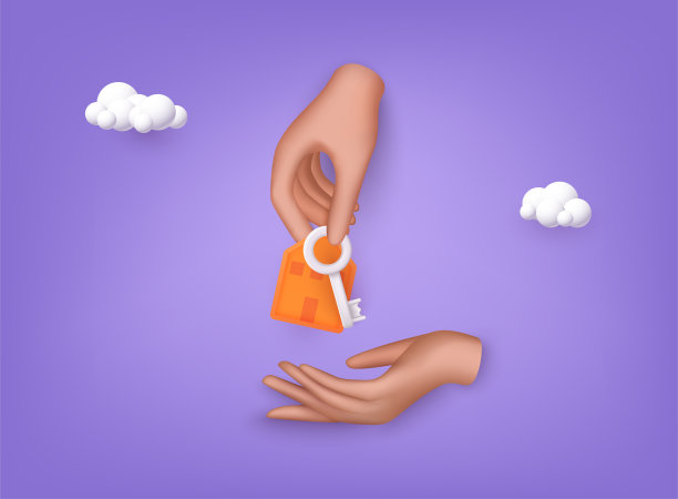 手握房门钥匙。房屋代理的概念，房屋的销售和租赁和买方或客户。3D网络矢量插图。图片下载