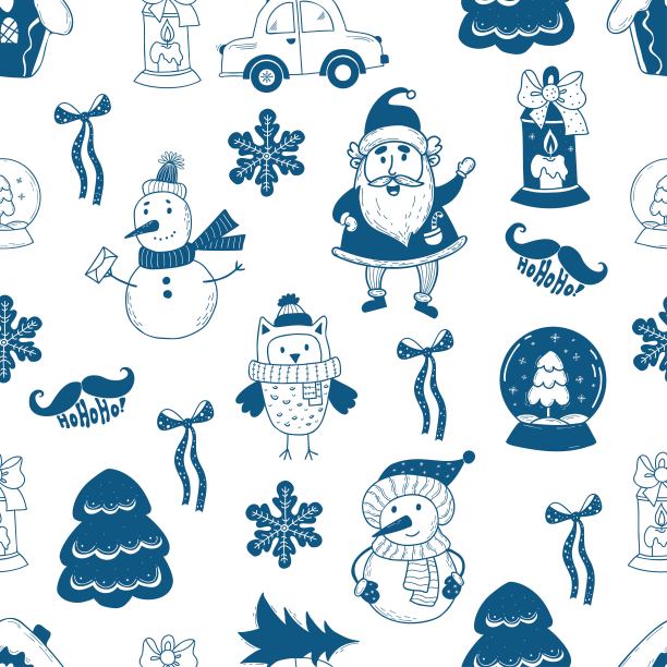 圣诞节无缝模式。新年人物圣诞老人和雪人，猫头鹰和雪花，白色背景的圣诞树。矢量线性图案，涂鸦风格的装饰，设计，包装图片下载