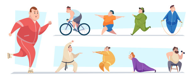 脂肪字符。户外运动活跃的人健身活动在健身房肥胖的人在行动pose精确矢量卡通模板图片下载