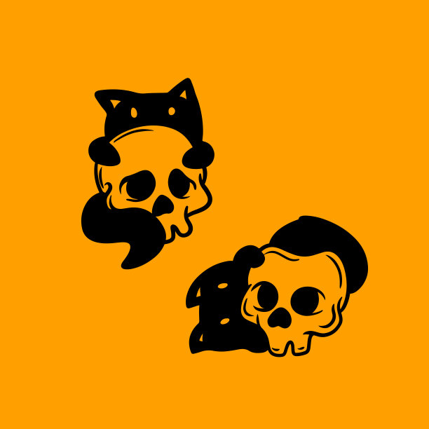 猫拥抱头骨万圣节矢量剪影可爱的吉祥物标志插画图片下载