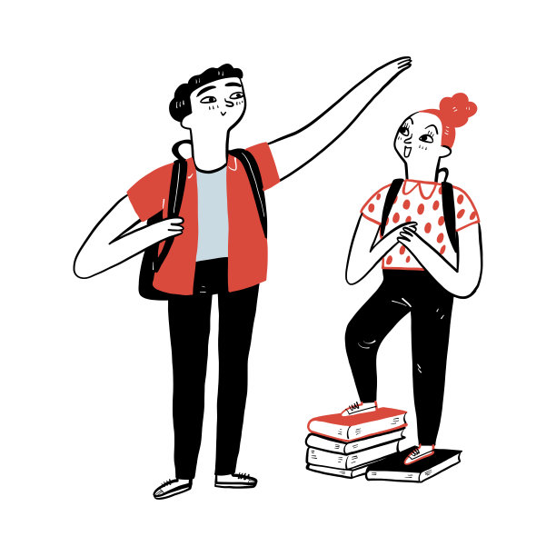 年轻人把手举到一个站在书上量高度的小女孩头上图片下载