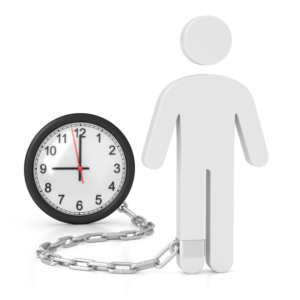 时间上瘾。日常工作依赖，生活控制观念。带着时钟和链子的商人。3d插图孤立在白色背景上。图片下载