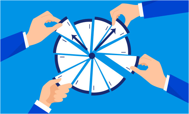 许多手挑选时钟碎片，自由时间图像，矢量插图图片下载