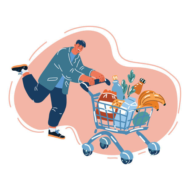 矢量插图的人驾驶超市杂货店购物车图片下载