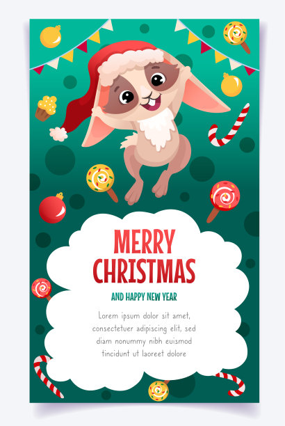 圣诞快乐和新年快乐的贺卡，可爱的圣诞快乐兔子在圣诞老人的帽子，礼盒，雪和棒棒糖。矢量插图与空间的文字和卡通兔子的角色图片下载