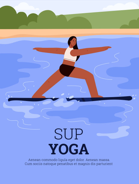 SUP瑜伽扁平风格竖版海报或banner，矢量插画图片下载