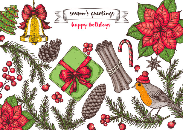 圣诞贺卡。手绘插图。矢量插图。圣诞邀请函设计模板。设计收集。图片下载