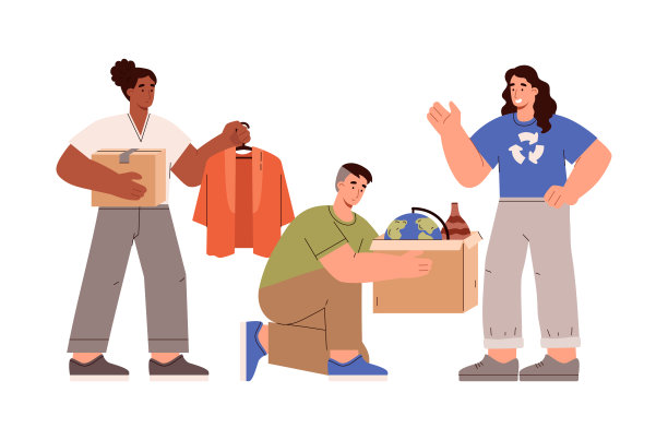 人们收集用过的东西用于回收或慈善，平矢量孤立。图片下载