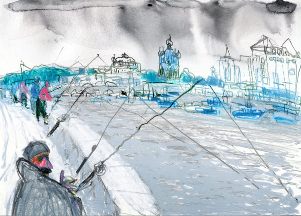 城堤上的渔民。在河堤上钓鱼。图片下载