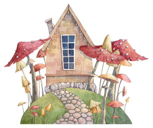 可爱的童话小屋，在绿色的小山上有蘑菇。手绘水彩详细说明贺卡，明信片，贴纸图片下载