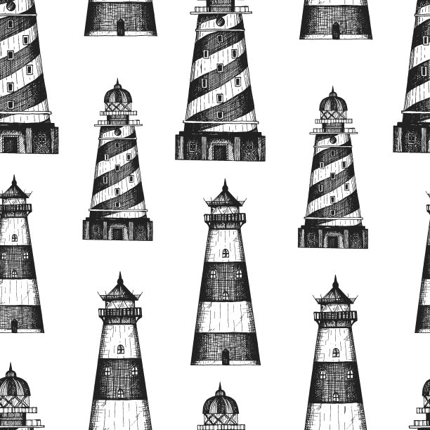 灯塔无缝模式。手绘矢量插图。复古的灯塔的设计。雕刻风格。图片下载