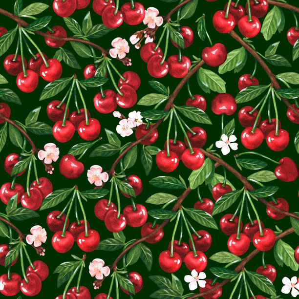 樱桃无缝模式。水彩插图。孤立在绿色背景上。为设计。图片下载