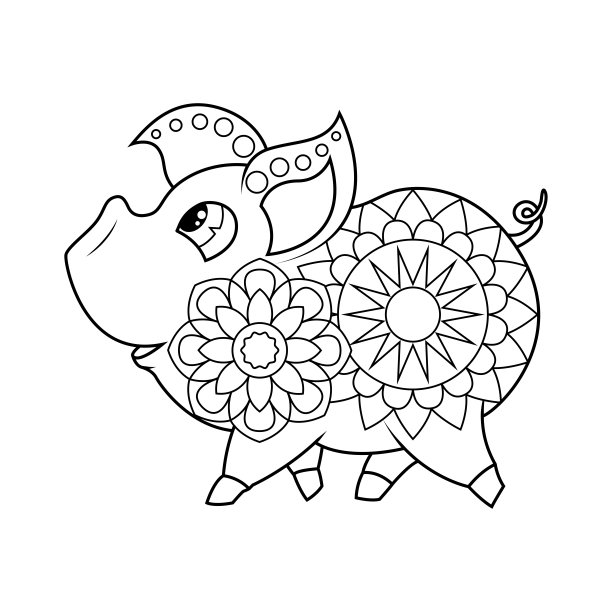 儿童涂色书。可爱的小猪跑着，用zentangle的方式抬头看。图片下载