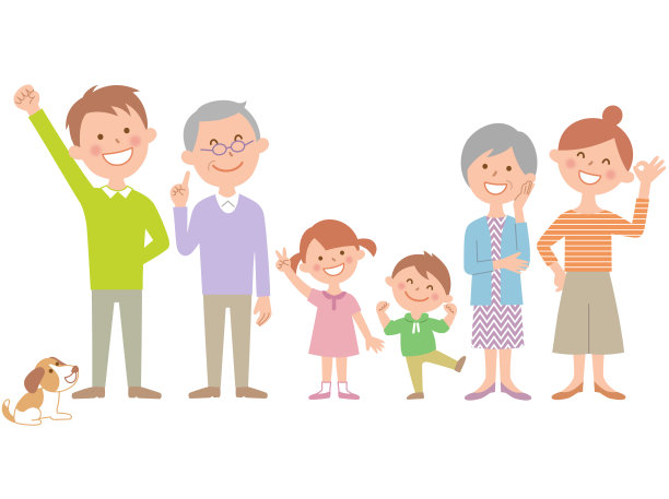 一个6口之家和宠物微笑着排着队图片下载