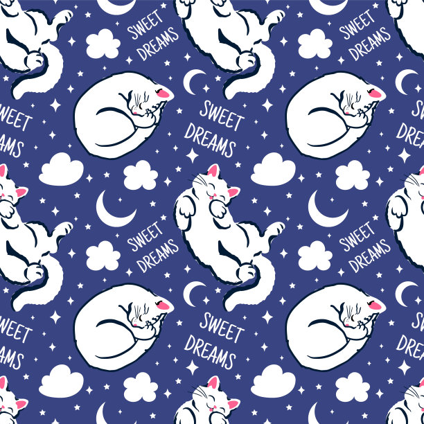 甜蜜的梦与可爱的睡着的猫无缝模式。夜间矢量背景用于纺织品、服装、包装纸图片下载