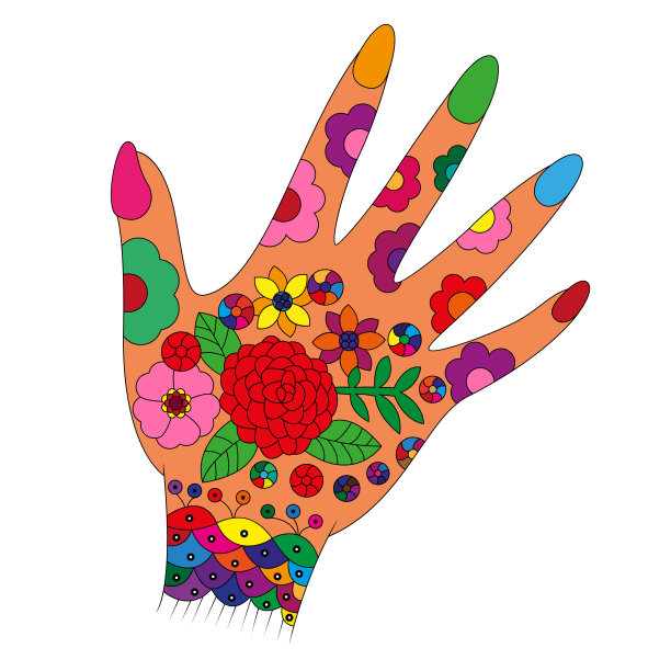 手与花和叶子指甲花彩色矢量插图图片下载