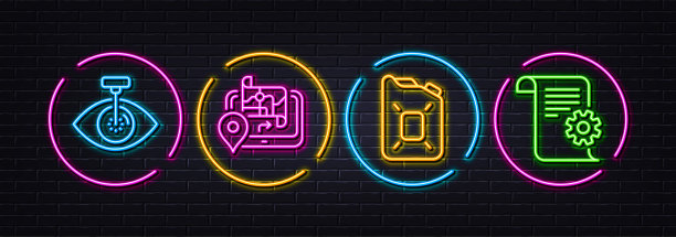 罐油，Gps和眼激光最小线图标。对于网页应用，打印。氖激光3d灯。向量图片下载