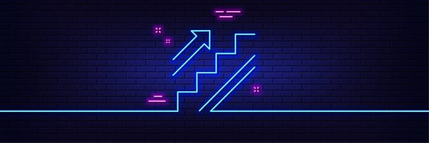 楼梯行图标。购物楼梯的迹象。霓虹灯辉光效果。向量图片下载