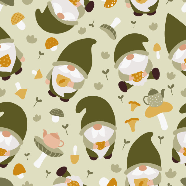 无缝模式与有趣的侏儒，茶杯，茶壶和蘑菇。图片下载