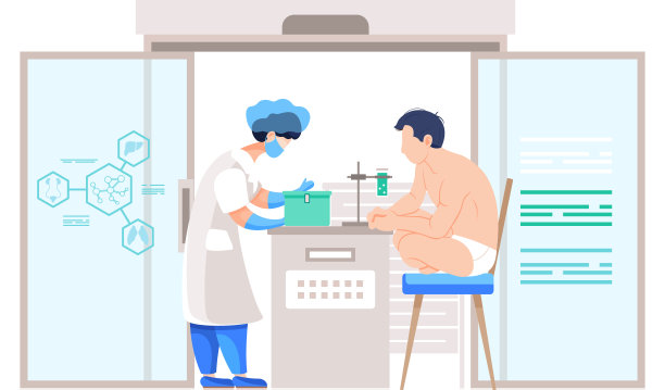 穿着实验服的女人正在操作设备，沐浴或桑拿后穿着泳衣的男人正在观看实验图片下载