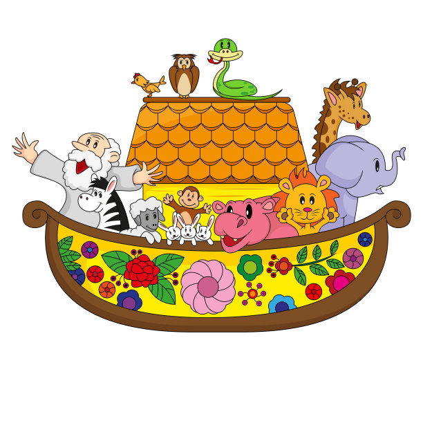 装满动物和老人卡通矢量插图的大船图片下载