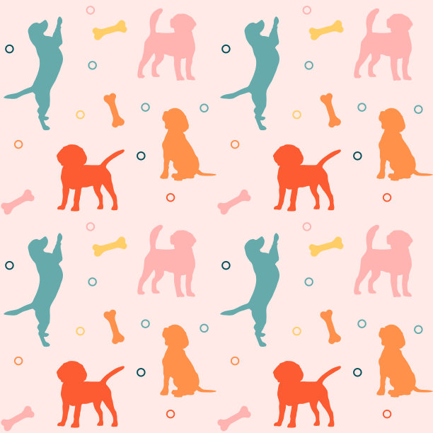 无缝彩色图案与狗和骨头。背景为宠物店，兽医诊所，宠物店，动物园，避难所。平面风格设计，矢量插画。图片下载