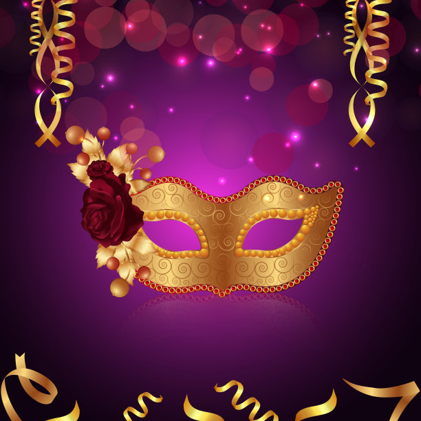 金色的狂欢节面具和羽毛，巴西狂欢节活动和背景图片下载