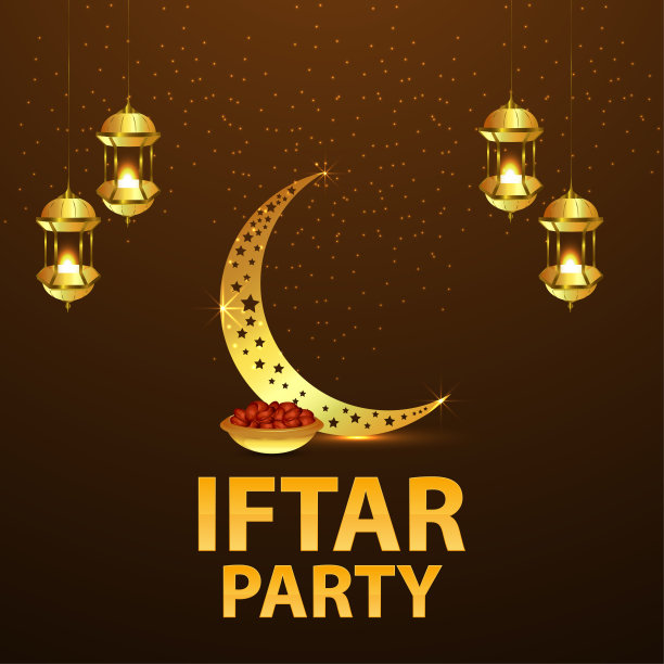 带有金色阿拉伯灯笼的开斋派对邀请贺卡图片下载