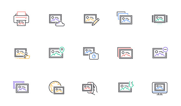 照片行图标。下载图片，打印图片，拍照相机图标。编辑图像和演示。向量图片下载