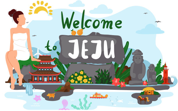 身穿白色连衣裙的女孩在济州岛休息，看着建筑和雕像。岛上的传统地标图片下载