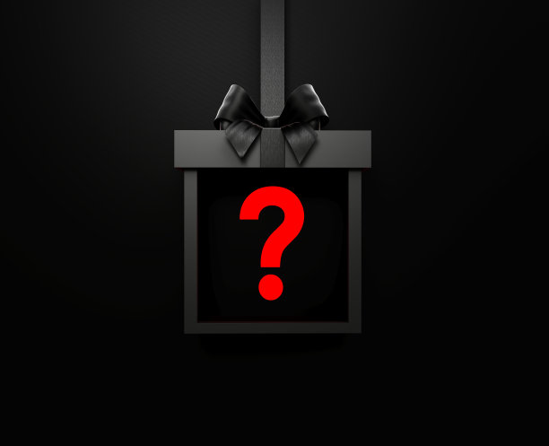 红色问号坐在一个黑色礼品盒与黑色丝带系在黑色背景图片下载