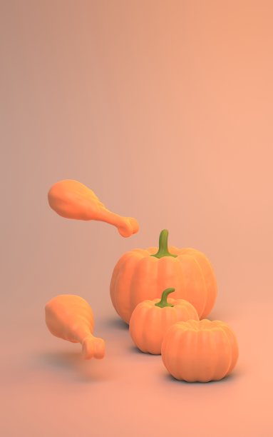 感恩节火鸡或鸡腿掉在地板上，橙色背景的南瓜图片下载