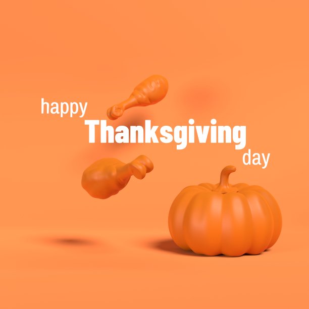 感恩节快乐的文字与火鸡或鸡腿掉在地板上与南瓜为感恩节橙色背景图片下载