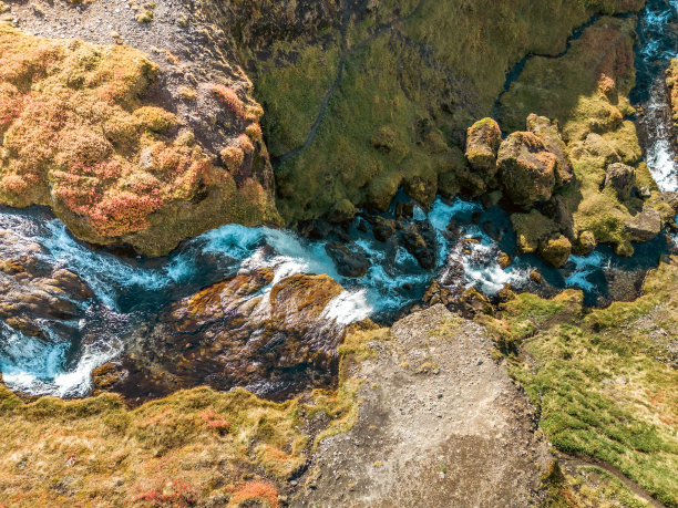 秋天日落时冰岛瀑布的俯视图图片下载