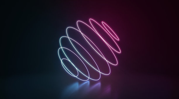 彩色霓虹发光的球体框架躺在黑暗中图片下载