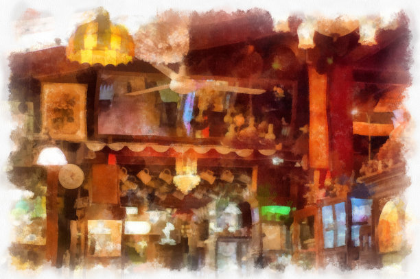 古董店山水水彩风格插画印象派画作。图片下载