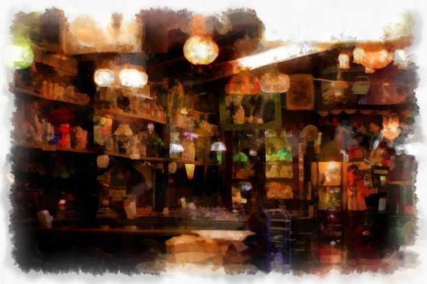 古董店山水水彩风格插画印象派画作。图片下载