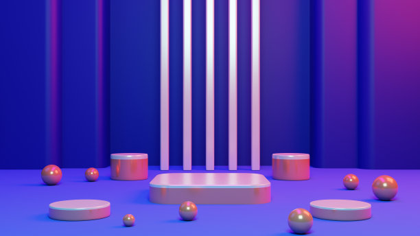 3d渲染基座或讲台模型与复古的80年代网络霓虹灯背景，空平台的产品展示，复古霓虹灯插画。图片下载