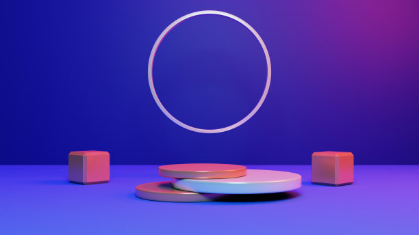 3d渲染基座或讲台模型与复古的80年代网络霓虹灯背景，空平台的产品展示，复古霓虹灯插画。图片下载