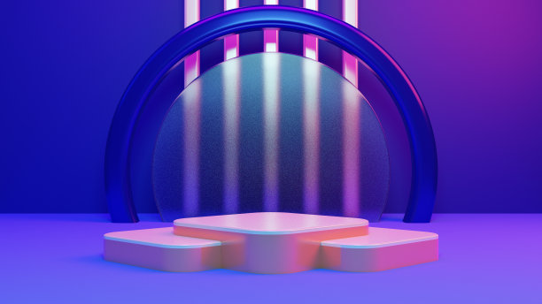 3d渲染基座或讲台模型与复古的80年代网络霓虹灯背景，空平台的产品展示，复古霓虹灯插画。图片下载