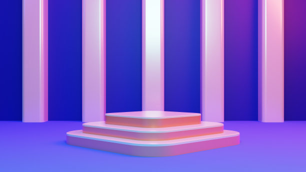 3d渲染基座或讲台模型与复古的80年代网络霓虹灯背景，空平台的产品展示，复古霓虹灯插画。图片下载