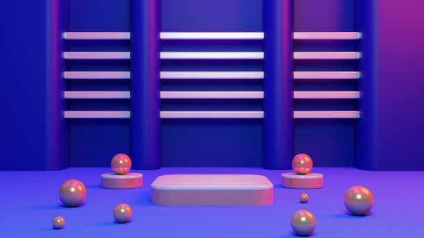 3d渲染基座或讲台模型与复古的80年代网络霓虹灯背景，空平台的产品展示，复古霓虹灯插画。图片下载